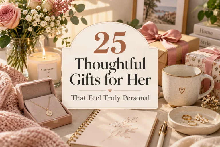 Thoughtful gift ideas for her, including jewelry, flowers, a journal, and wrapped gifts